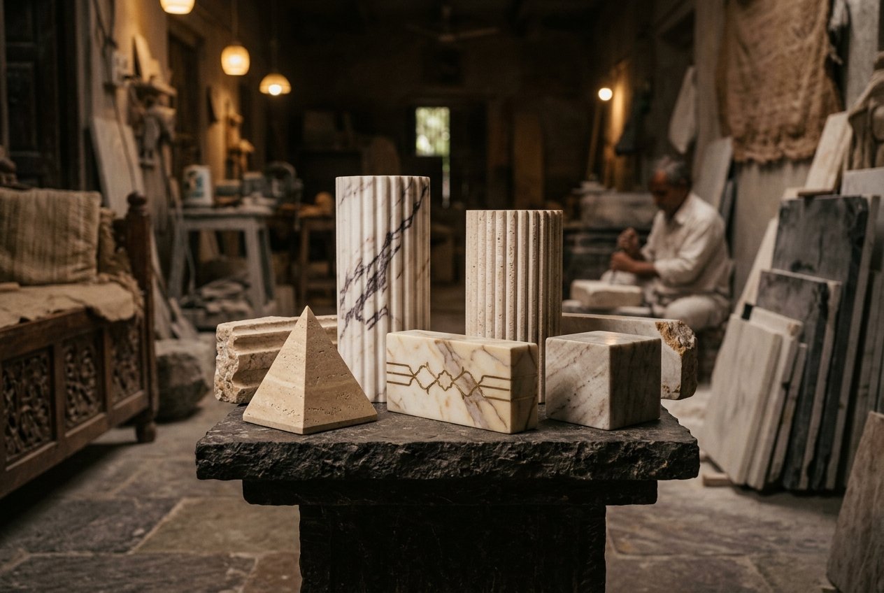 Agra atelier stonecraft samples and geometric fluted marble