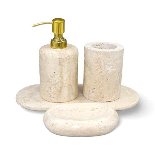 Beige Travertine Lotion Bottle W/Stainless Steel Pump-Gold