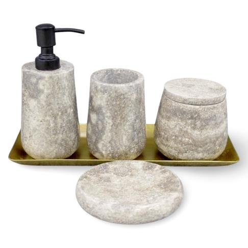 Grey Travertine Lotion Bottle W/Stainless Steel Pump-Black
