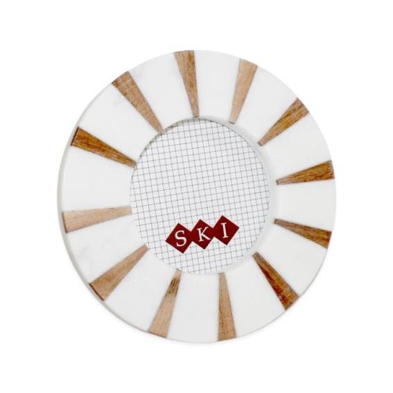 White Marble Round Photo Frame w/Acacia Wood Fits 4”x4” Photo