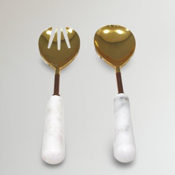 White Marble & Stainless Steel (Gold Finish) Salad Server Set of 2