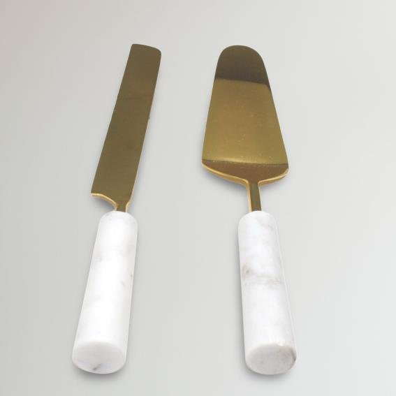 White Marble & Stainless Steel (Gold Finish) Cake Server Set of 2
